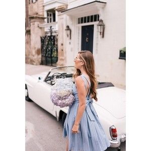 Gal Meets Glam Samantha Slub Stripe Fit & Flare Dress With Bow Blue Size 2